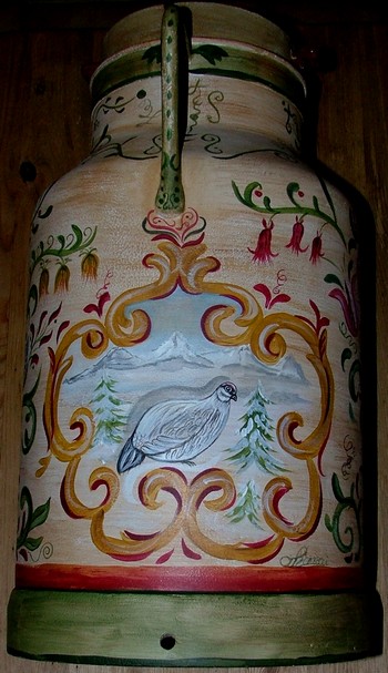 Nathalie RENZACCI - Interior Design - Decoration of Interior Bouille à Lait (Bidon de Lait) entièrement peint sur les côtés : Face Oiseau