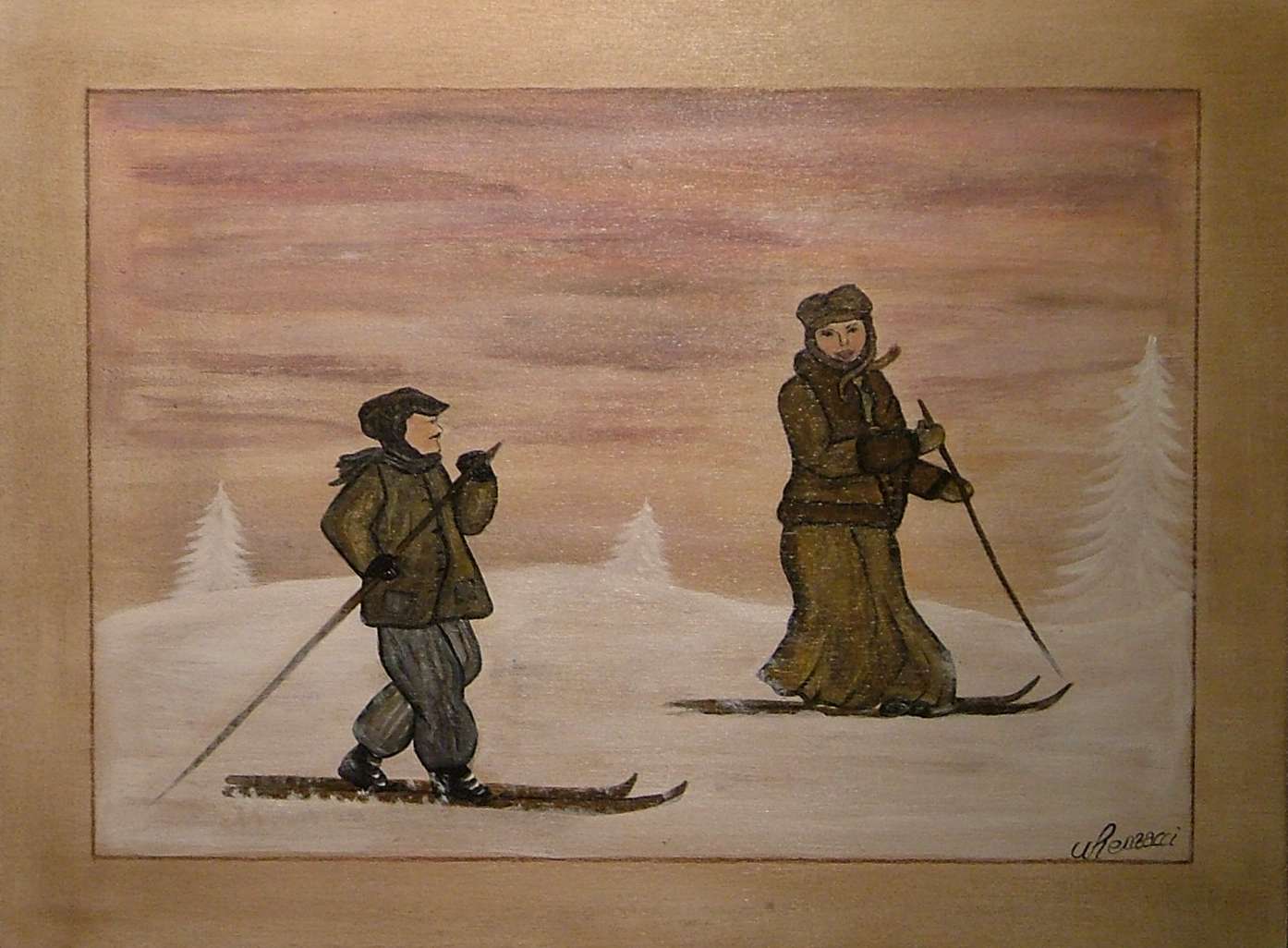 Nathalie RENZACCI - Décoration d'Intérieur Tableau en Bois La Randonnée à Skis